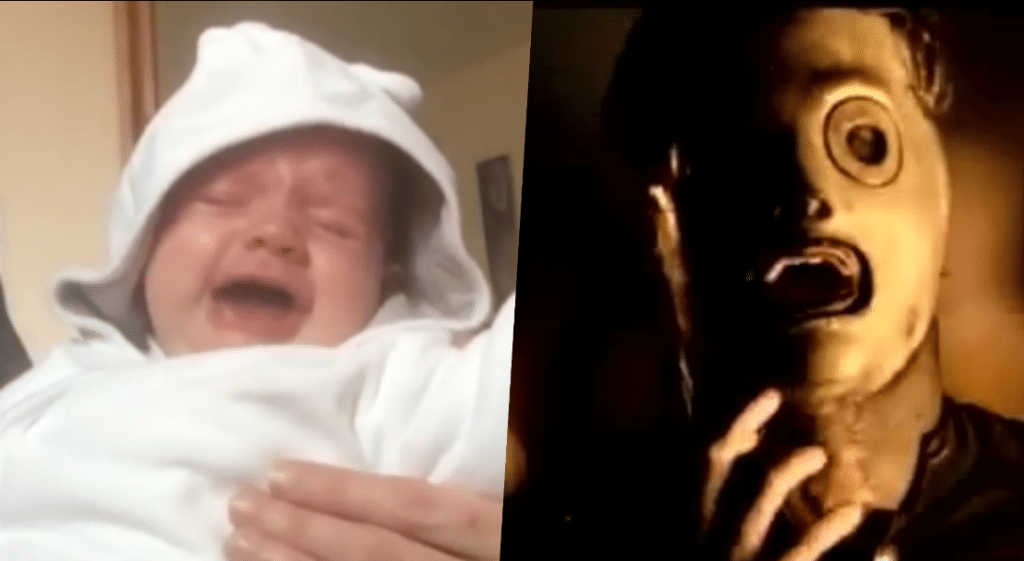 Un bebé deja de llorar solo cuando le ponen SLIPKNOT. mira el tierno vídeo. collage 3
